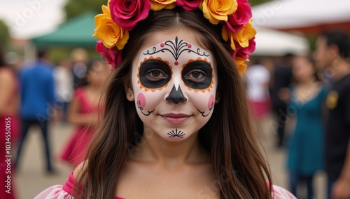 A Sugar Skull Girl donning traditional face paint for Day of the Dead Dia de los Muertos festivities during a Mexican holiday celebration photo