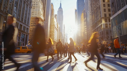 Urban Rush Metropolis in Motion, Sunny Side of the City: People crossing a busy New York street, A vibrant city scene captured with a telephoto lens