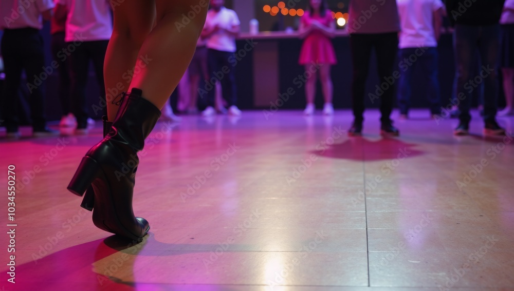 A vibrant dance-floor scene features a dancer wearing black boots grooving away A vibrant dance-floor scene features a dancer wearing black boots grooving away