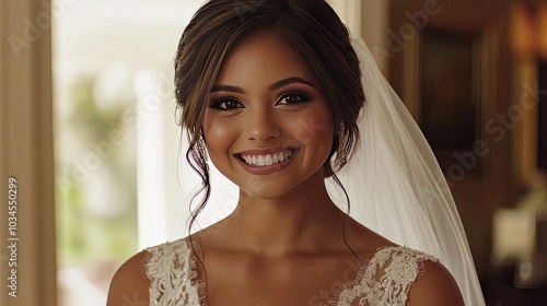 Free Download Beautiful Bride Smiling in Elegant Wedding Attire - GFXLoad