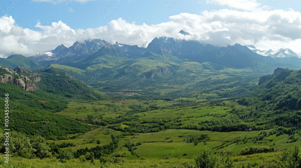 Fototapeta premium Scenic Mountain Landscape with Lush Green Valley