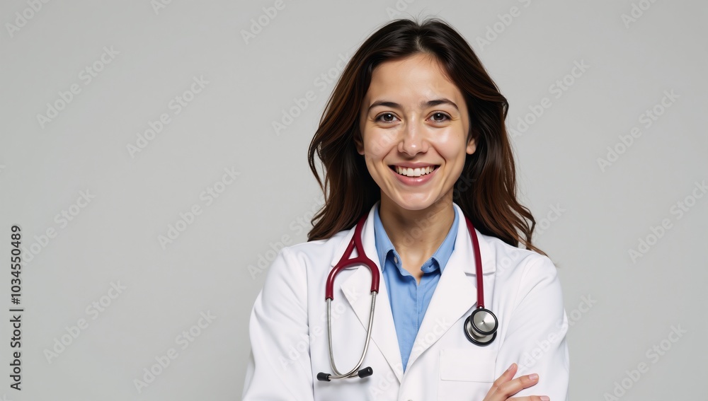 A confident smile from a curly-haired young female doctor wearing a white coat and stethoscope conveys a sense of both professionalism and friendliness A confident smile from a curly-haired young female doctor wearing a white coat and stethoscope conveys a sense of both professionalism and friendliness