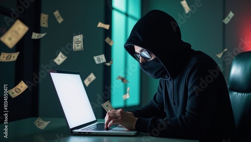 Hooded hacker steals money online through cyber crime and data theft Cyber Fraud Concept