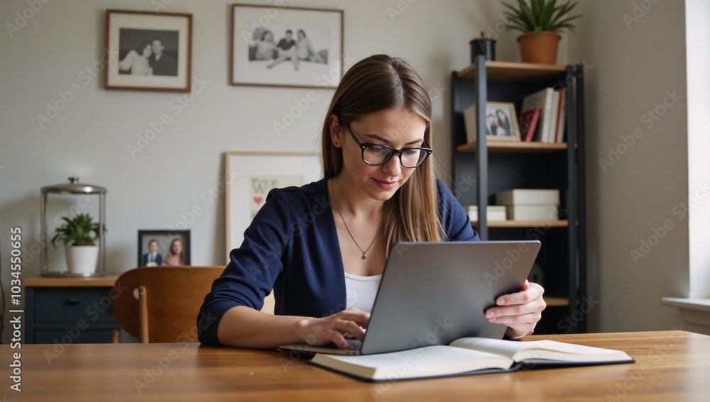 A young woman with glasses works on a laptop in a home office setting A young woman with glasses works on a laptop in a home office setting