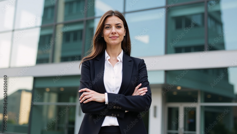 Businesswoman posed before an office building at work-related event Businesswoman posed before an office building at work-related event