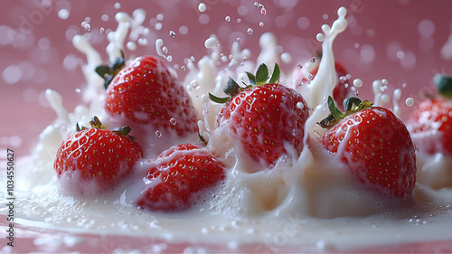 many strawberries exploding from milk, pink background, studio lighting photo