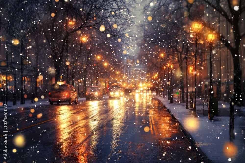 Enchanting winter street scene with falling snow and glowing lights on a rain slicked road Enchanting winter street scene with falling snow and glowing lights on a rain slicked road
