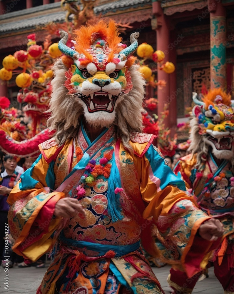 Fototapeta premium Colorful and lively lion and dragon dances, filled with energy and symbolism to usher in good luck.