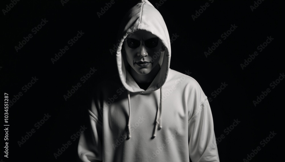 A Halloween-themed portrait depicts an ominous figure a black-clad hooded man with sinister makeup hinting at his possible identity as a dangerous criminal lurking in the shadows A Halloween-themed portrait depicts an ominous figure a black-clad hooded man with sinister makeup hinting at his possible identity as a dangerous criminal lurking in the shadows