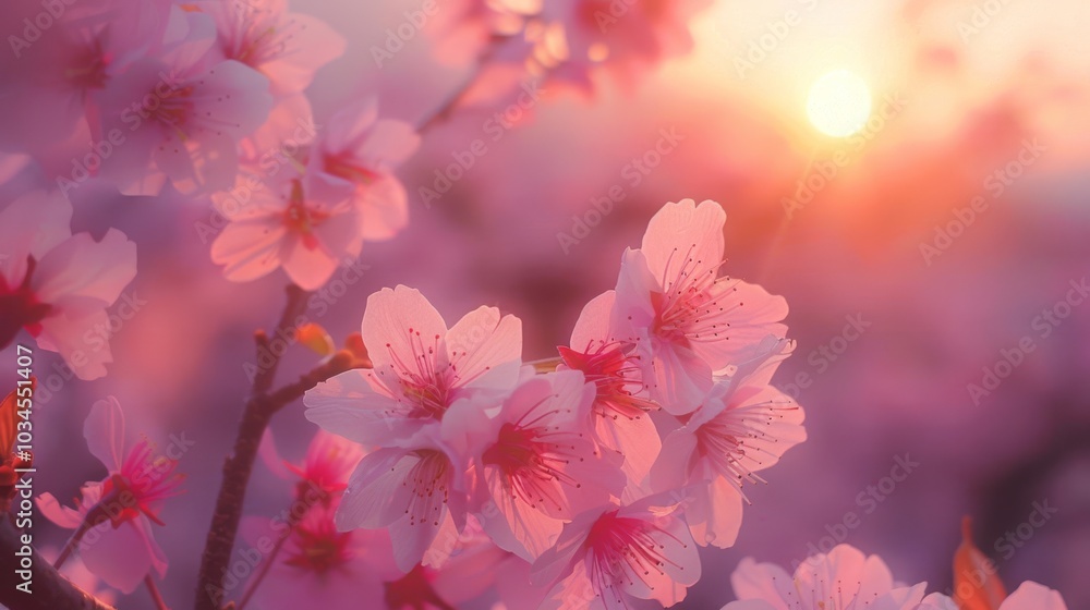Soft pink cherry blossoms in the glow of a warm sunset. Soft pink cherry blossoms in the glow of a warm sunset.