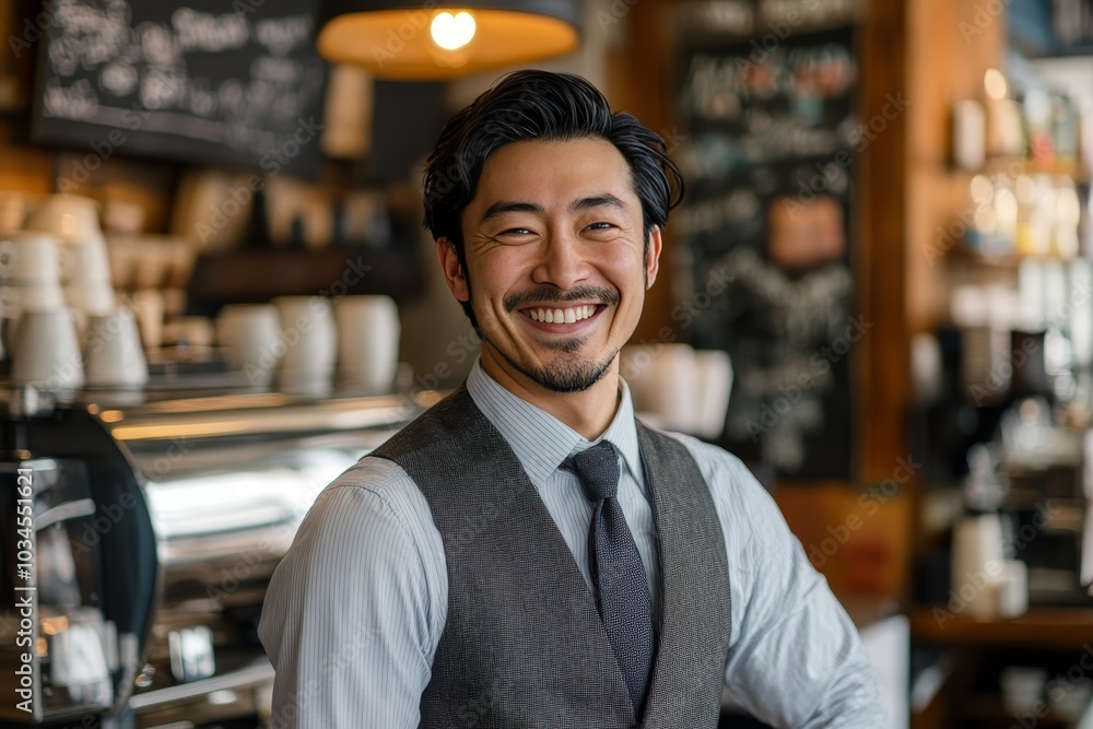 Fototapeta premium Cheerful businessman enjoying coffee at caf , radiating positivity and joyful energy
