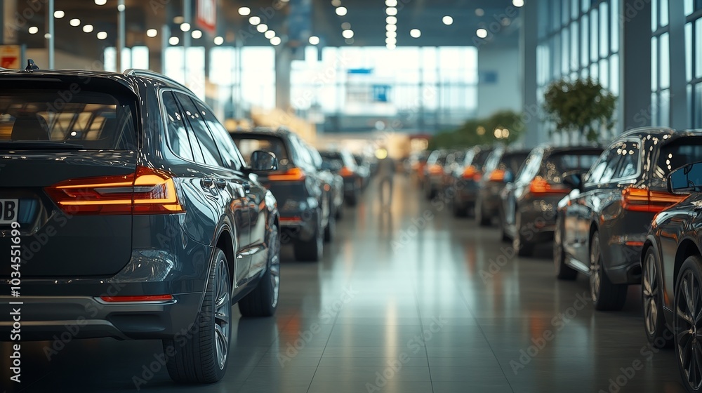 Fototapeta premium Luxurious Airport Car Rental Showroom - A modern, well-lit car showroom at an airport featuring a variety of luxury vehicles for rent or sale.