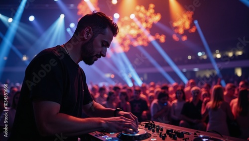 A DJ performs on a packed stage amidst an explosion of lights and sounds capturing the energy and passion of the club scene photo