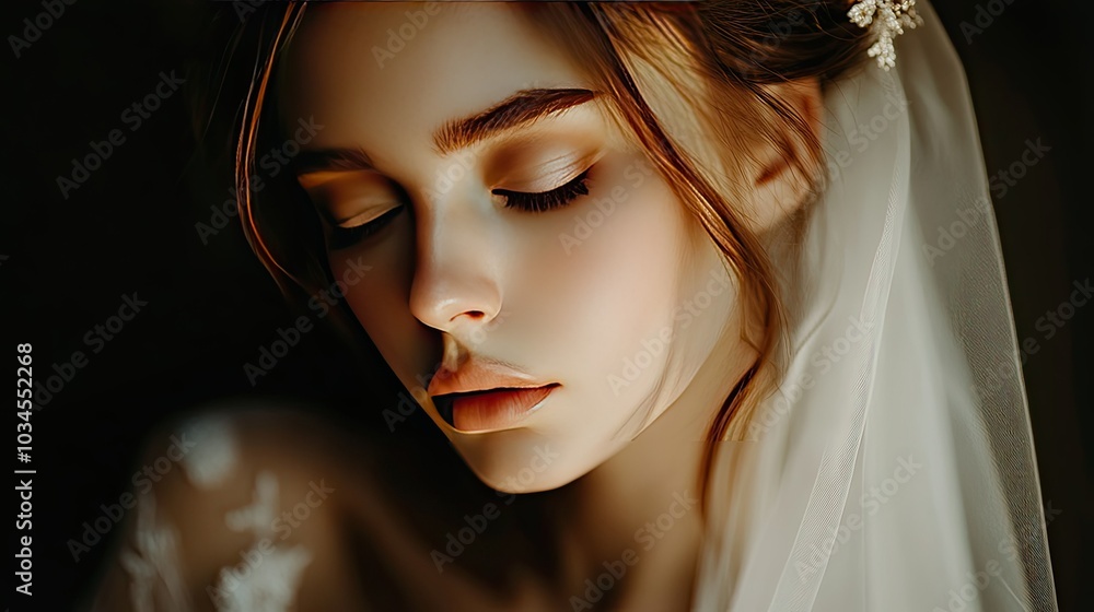 Elegant Bride with Veil Under Soft Lighting Elegant Bride with Veil Under Soft Lighting