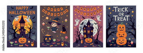 Happy Halloween set of postcards or party posters. Vector illustration with spooky castles, pumpkins, scary trees, ghosts, moon, bats, and spider web. 
