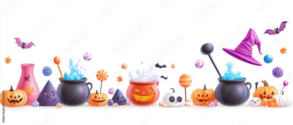 Spooktacular Halloween Scene Featuring Colorful Cauldrons Pumpkins Bats and Festive Treats for a Magical Celebration Spooktacular Halloween Scene Featuring Colorful Cauldrons Pumpkins Bats and Festive Treats for a Magical Celebration