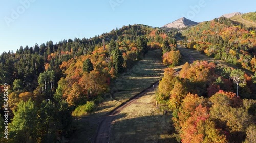 4k Aerial Autumn views of Snowbasin Huntsville Utah Fall Mountains