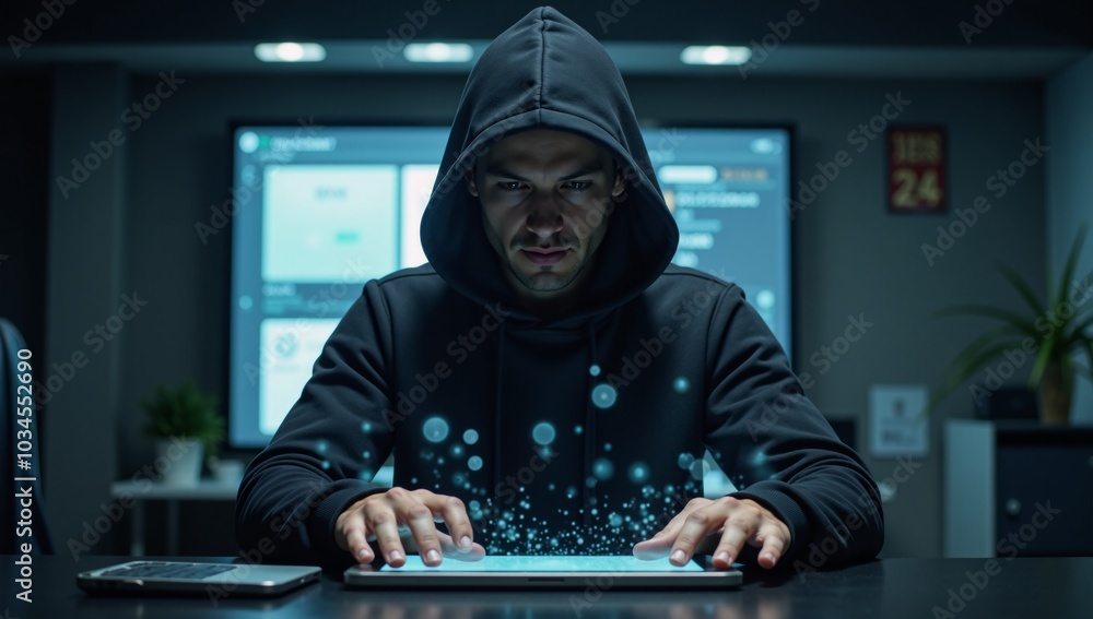 A man wearing a hood depicted as a cyber-hacker surrounded by floating holograms and data streams A man wearing a hood depicted as a cyber-hacker surrounded by floating holograms and data streams