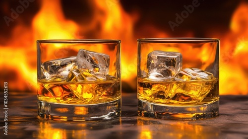 Whiskey Glasses with Ice and Flame Background