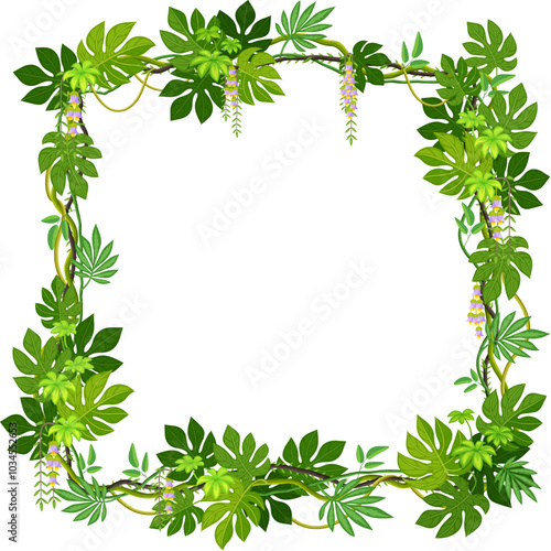 Tropical jungle frame with forest liana branch and leaves. Cartoon vector decorative square border made of lush exotic foliage and entwined vines for nature-inspired game menu or photo portrait