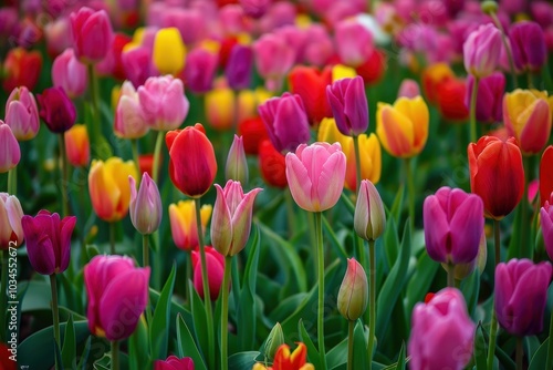 A vibrant field of tulips in various colors blooming under the spring sun in a public garden, attracting visitors and pollinators during a sunny day in mid-April