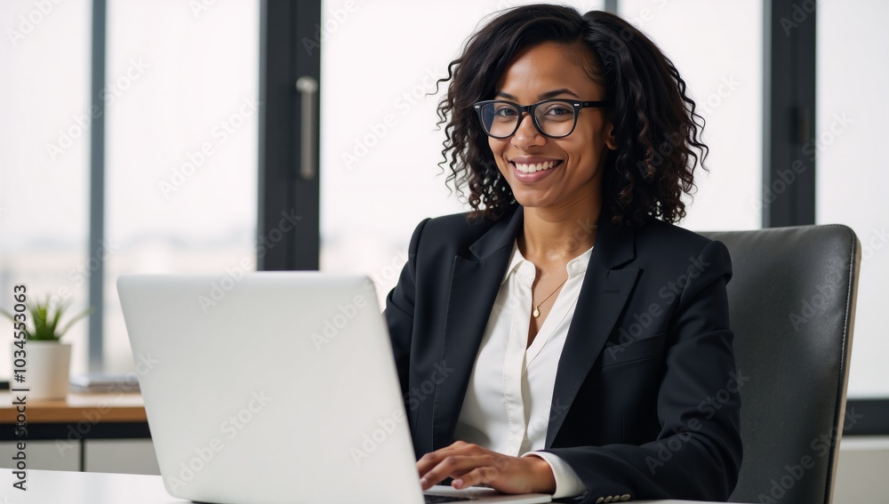 Professional African-American businesswoman poses confidently at her desk working diligently on her laptop while looking directly into the camera Professional African-American businesswoman poses confidently at her desk working diligently on her laptop while looking directly into the camera