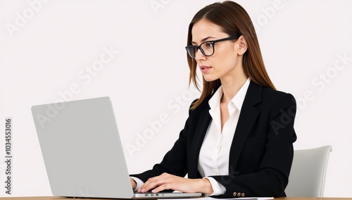 Woman on laptop against minimalist vector art backdrop photo