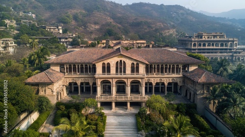 Elegant Mansion Surrounded by Lush Greenery and Mountains