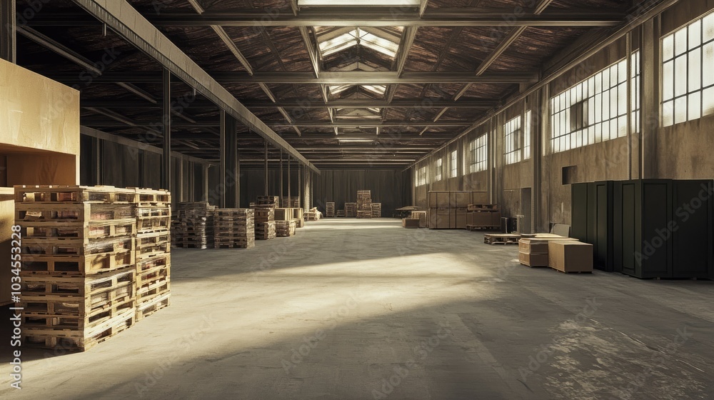 Empty Warehouse Interior with Pallets and Natural Light Empty Warehouse Interior with Pallets and Natural Light