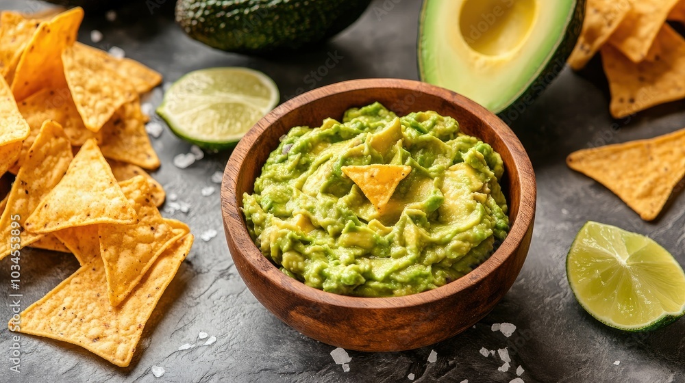 Fresh Guacamole and Tortilla Chips on Table Fresh Guacamole and Tortilla Chips on Table