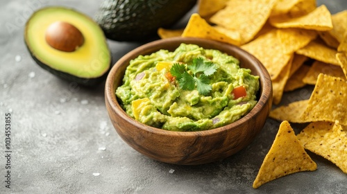 Fresh Guacamole with Tortilla Chips and Avocado Slice