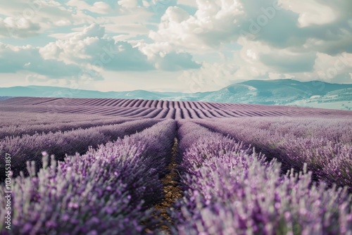 A vibrant lavender field under a blue summer sky with scattered clouds in a picturesque landscape displaying rows of blooming flowers at peak season