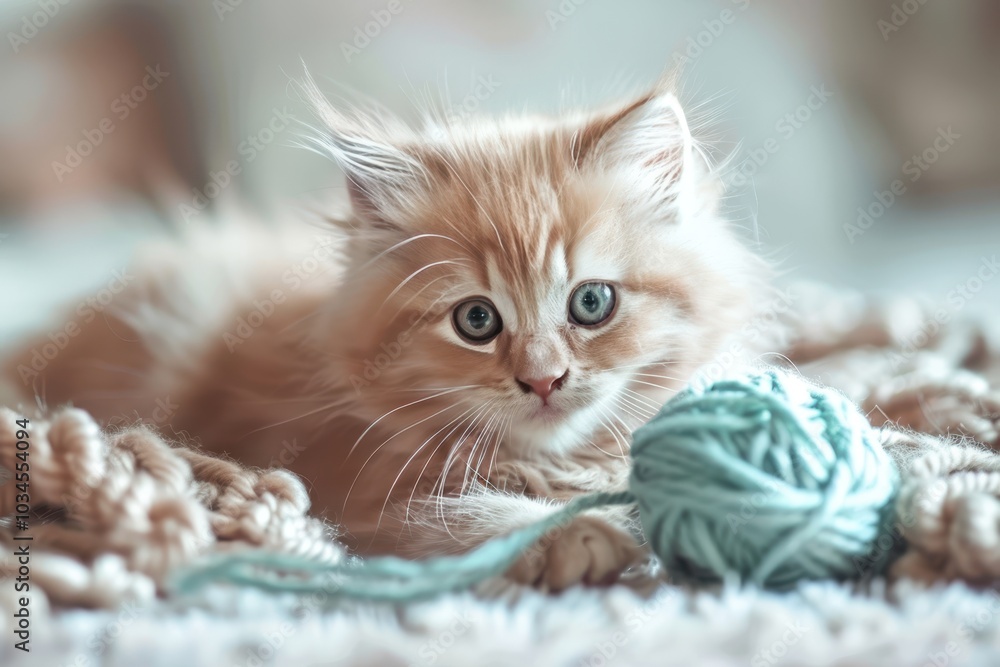 Fototapeta premium A playful kitten interacts with a soft blue yarn ball on a cozy knitted blanket in a warm indoor setting during afternoon light