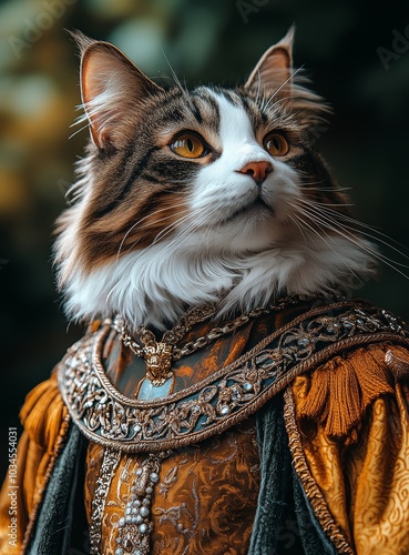 Regal cat in ornate royal costume with gold details 