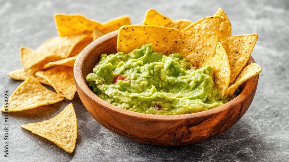 Guacamole and Tortilla Chips in Wooden Bowl Guacamole and Tortilla Chips in Wooden Bowl