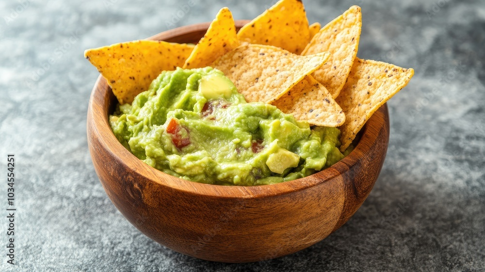 Fresh Guacamole with Crispy Tortilla Chips in Bowl Fresh Guacamole with Crispy Tortilla Chips in Bowl