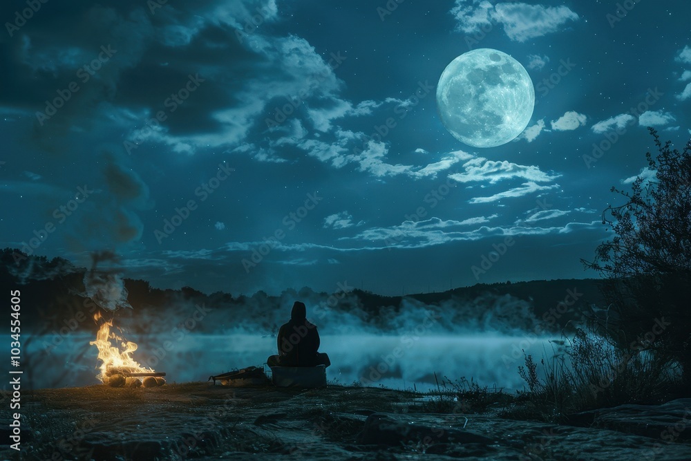 A quiet evening by the fire under a full moon, featuring a person in traditional attire engaged in reflection in a serene forest setting A quiet evening by the fire under a full moon, featuring a person in traditional attire engaged in reflection in a serene forest setting
