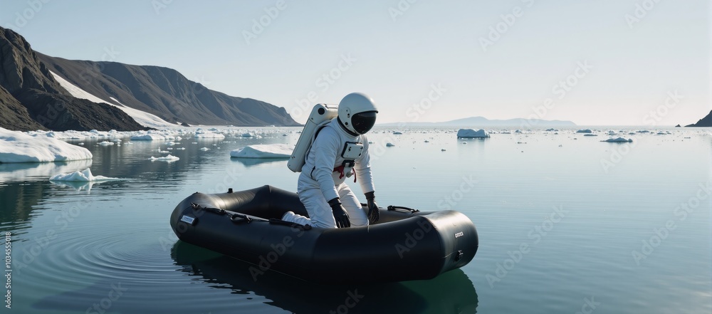 Naklejka premium Astronaut in spacesuit on floating raft amidst icy waterscape