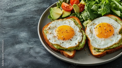 Fresh Avocado Toast with Fried Eggs and Salad