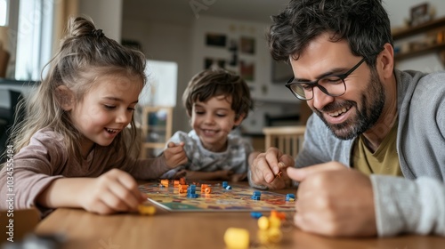 Family game night at home with kids enjoying board games while a father smiles, capturing a joyful moment of togetherness