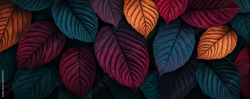 autumn mood, jade teal golden dark wine-red colour scheme, a variety of variegated lush tropical exotic plant leaves, background cyberpunk city, bioluminescent glow autumn mood, jade teal golden dark wine-red colour scheme, a variety of variegated lush tropical exotic plant leaves, background cyberpunk city, bioluminescent glow