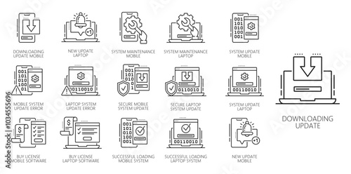 Update software app line icons for computer or mobile phone application, vector pictograms. Update software app line icons of upgrade installation progress bar, system new OS version download process