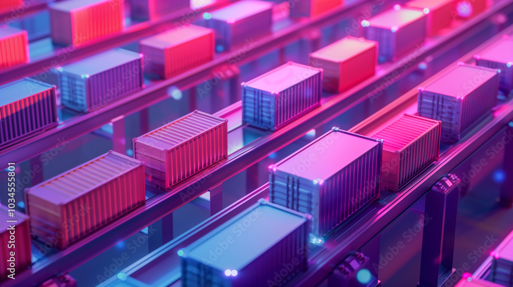 3D rendering of colorful containers in a supply chain layout 3D rendering of colorful containers in a supply chain layout