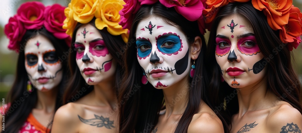 Obraz premium A lively celebration of Da de los Muertos showcases bold and colorful skull-faced women as Calaveras Catrinas at a cultural event inspired by traditional tattoos