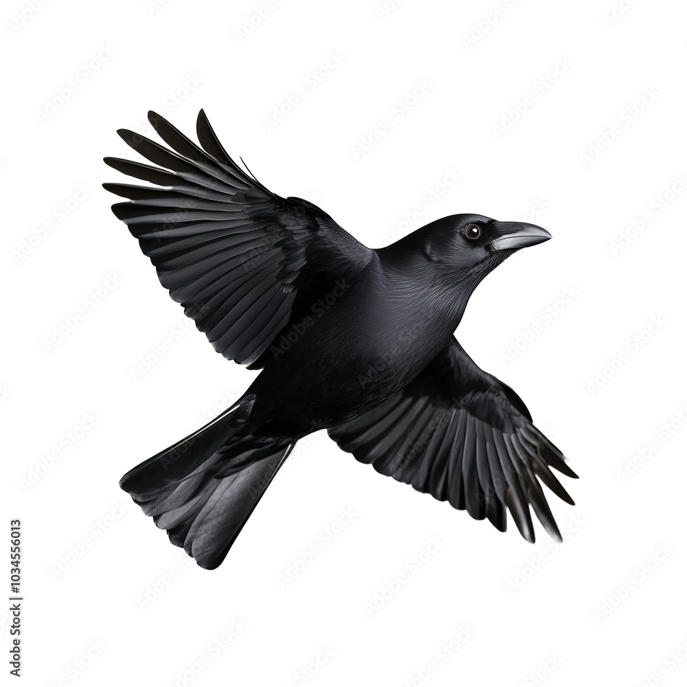 Fototapeta premium Close-up of a black crow in mid-flight on a transparent background