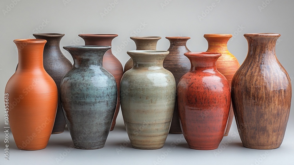 A collection of ten ceramic vases in various colors and styles on a white background. A collection of ten ceramic vases in various colors and styles on a white background.