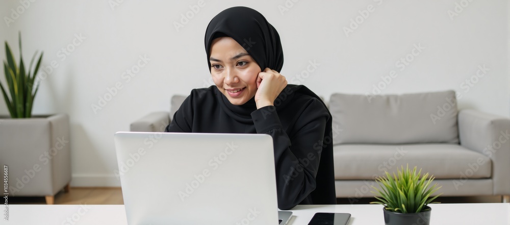 Businesswoman in modern attire works at desk with laptop Businesswoman in modern attire works at desk with laptop