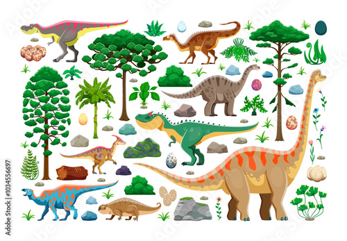 Cartoon prehistoric dinosaurs and vegetation vector set. Vibrant Jurassic era environmental elements, dino species, eggs and flora. Trees, rocks, shrubs and ferns from the ancient Earth life periods