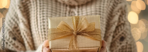 A woman in a voluminous sweater, Christmas atmosphere vibe against of festive background banner, bokeh garland lights. Hands holding a beige craft present box with a golden ribbon and bow, warm colors photo