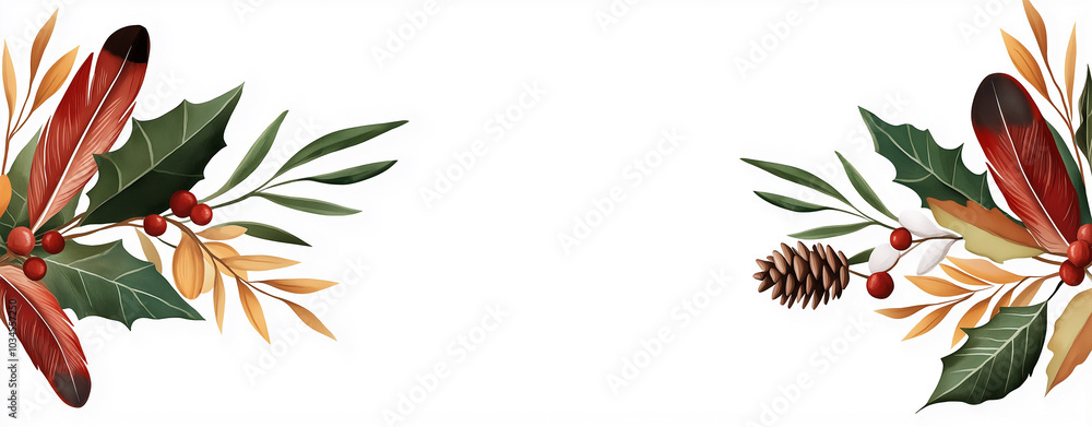 Thanksgiving floral design with red and green autumn leaves, berries, and branches on a white background, nature-inspired festive border for holiday invitations, copy space Thanksgiving floral design with red and green autumn leaves, berries, and branches on a white background, nature-inspired festive border for holiday invitations, copy space